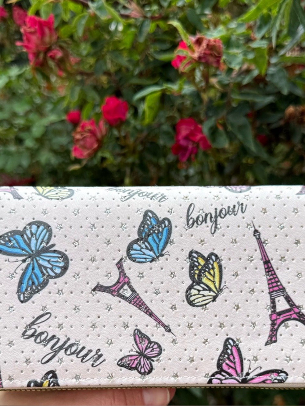 NET Blush KISS Butterfly & Eiffel Print Double Zip Wallet w/glitter stars ✨